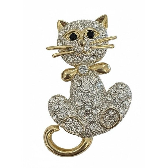 Sparkling Pave Rhinestone Cat Brooch Pin Gold Tone Bow Tie Kitty Cat - Picture 1 of 6